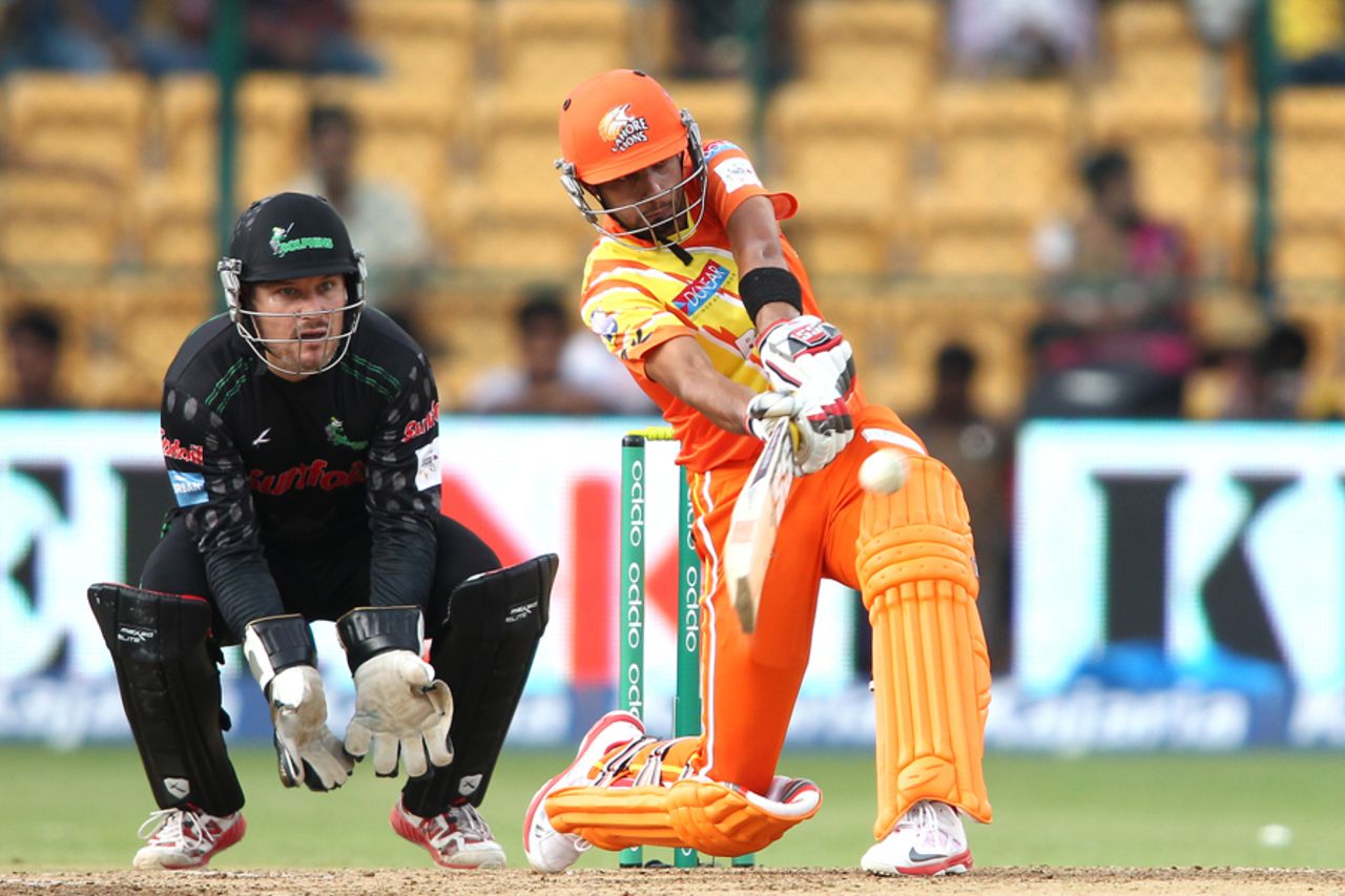 Saad Nasim hits out during his cameo of 43, Dolphins v Lahore Lions, Champions League T20, Bangalore, September 27, 2014