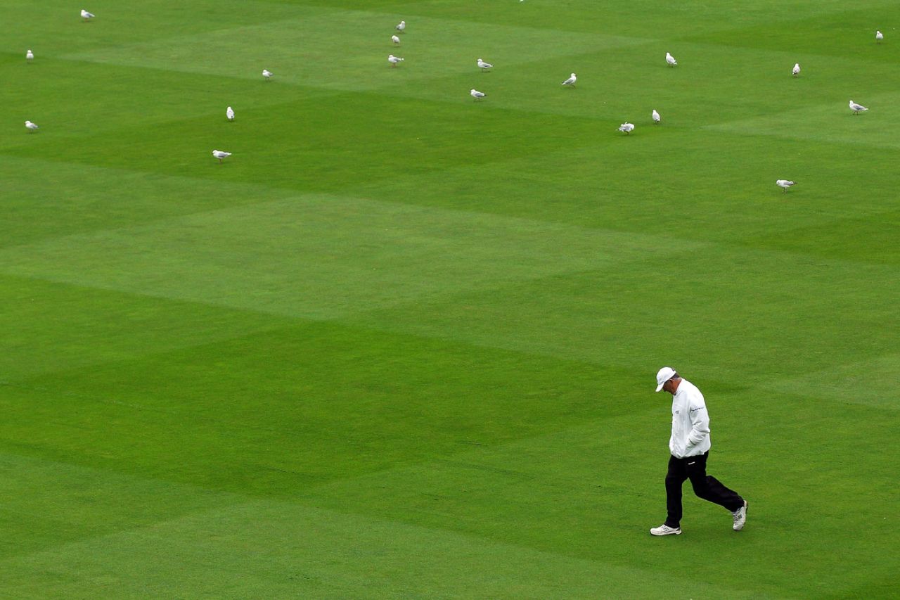 Umpire Tony Hill walks back after inspecting the pitch, New Zealand v South Africa, 3rd Test, Wellington, 2nd day, March 24, 2012