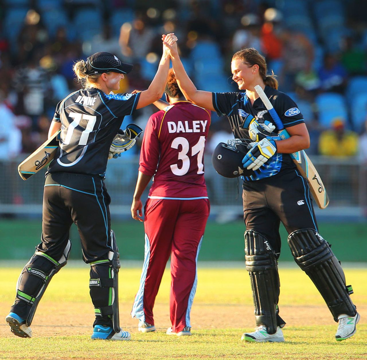 Mission accomplished: Sophie Devine and Suzie Bates after the series win, West Indies v New Zealand, 3rd women's T20I, St Vincent, September 27, 2014
