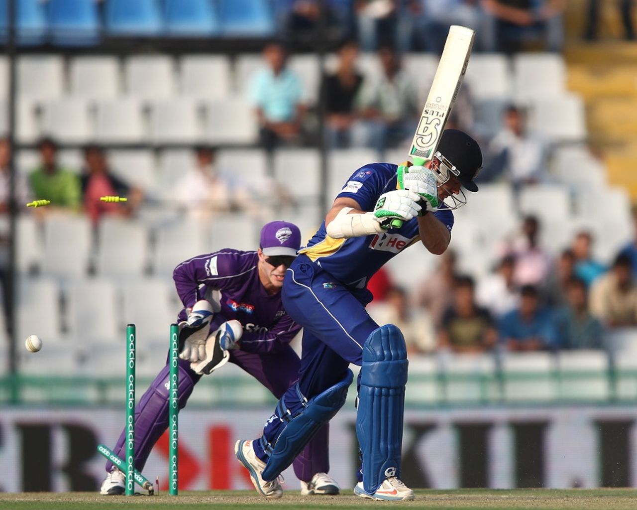James Franklin was bowled by Xavier Doherty, Barbados Tridents v Hobart Hurricanes, Champions League T20, Mohali, September 28, 2014
