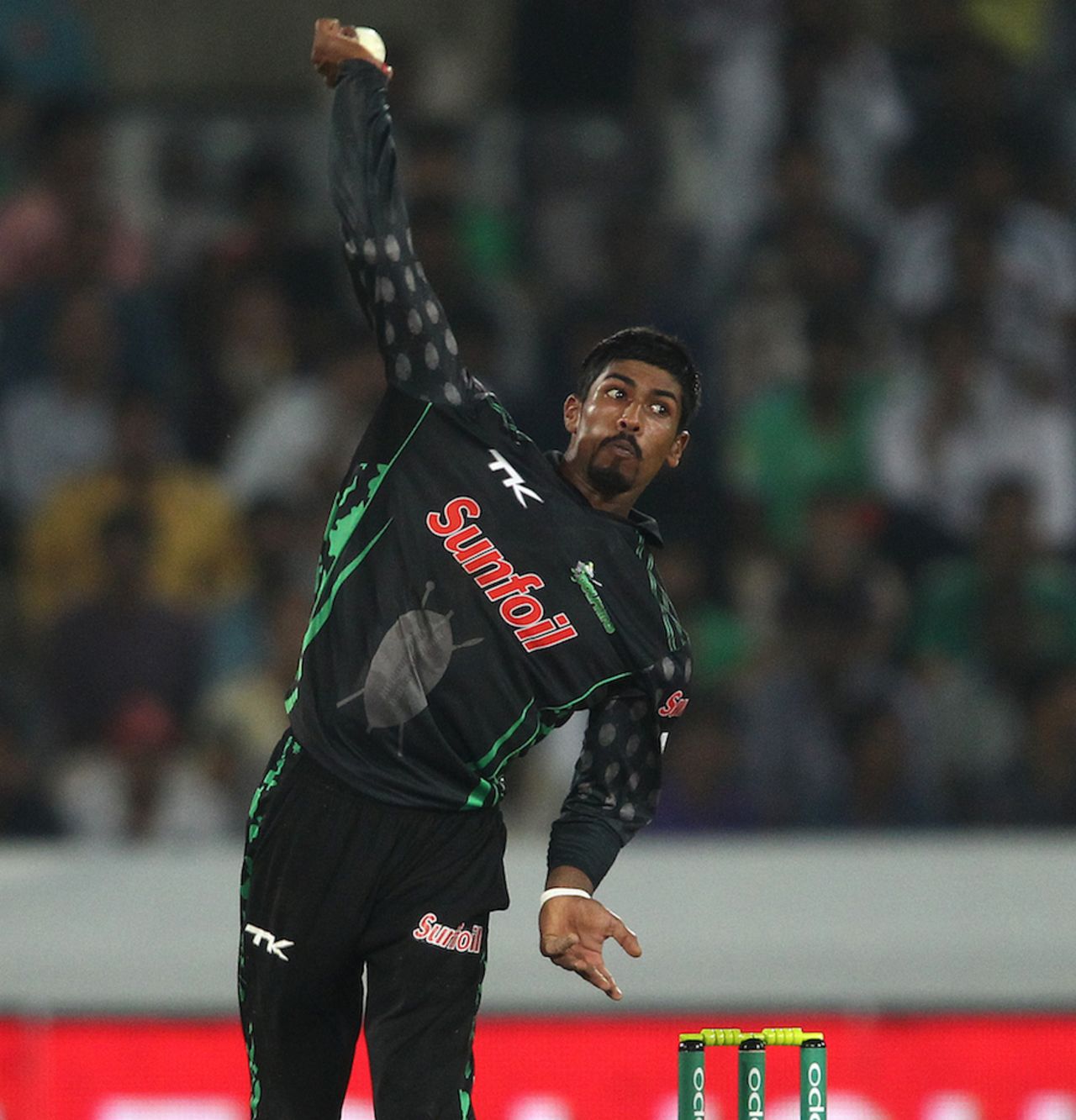 Prenelan Subrayen in his delivery stride, Dolphins v Kolkata Knight Riders, Champions League T20, Group A, Hyderabad, September 29, 2014