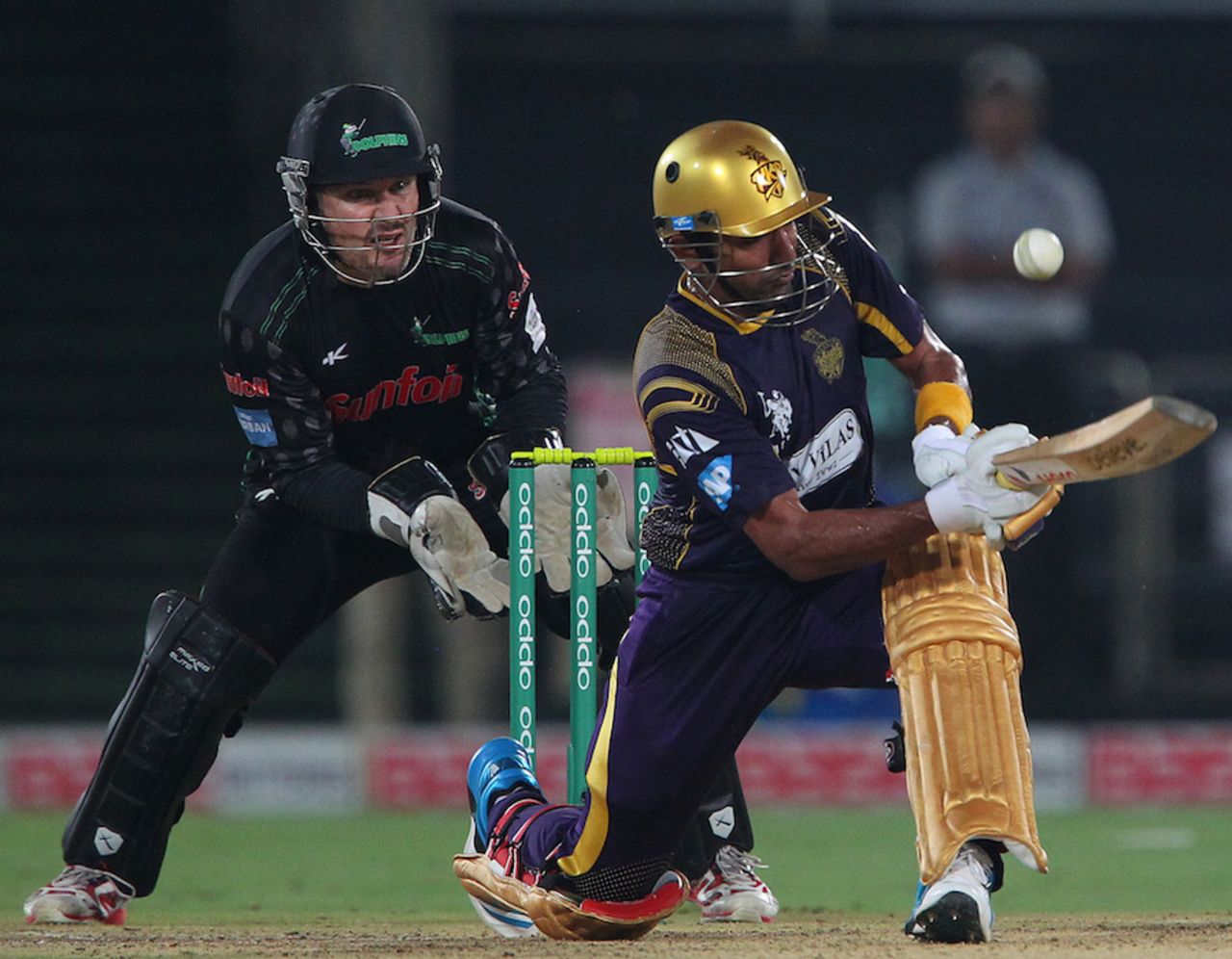 Robin Uthappa plays a lap shot during his unbeaten 85, Dolphins v Kolkata Knight Riders, Champions League T20, Group A, Hyderabad, September 29, 2014