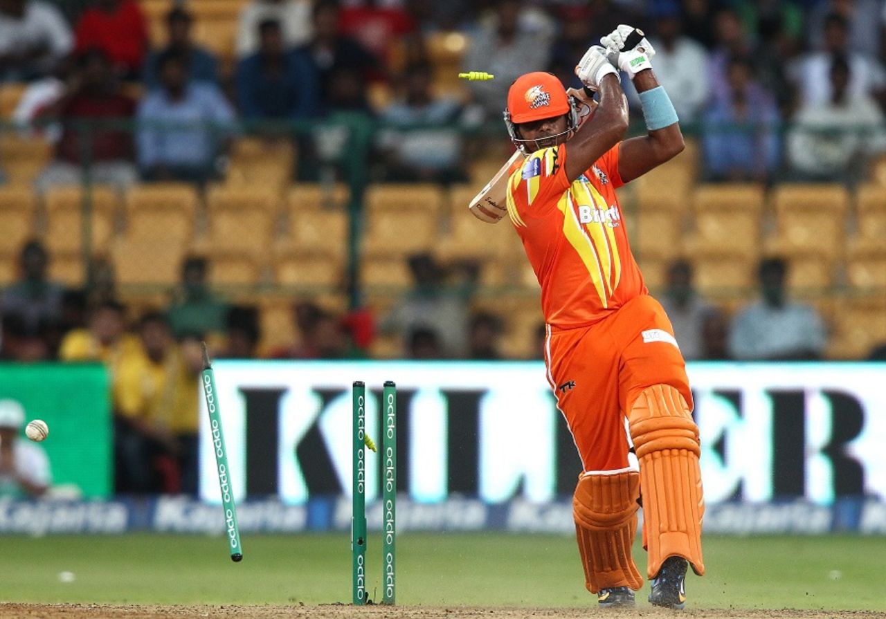 Mohammad Saeed loses his off stump, Lahore Lions v Perth Scorchers, Champions League T20, Group A, Bangalore, September 30, 2014