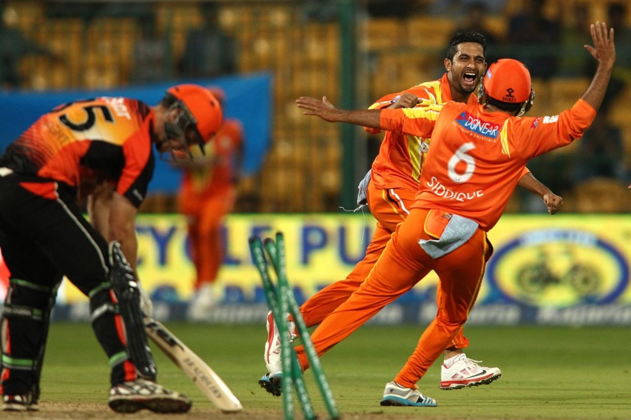 Mustafa Iqbal is thrilled after getting Hilton Cartwright stumped, Lahore Lions v Perth Scorchers, Champions League T20, Group A, Bangalore, September 30, 2014