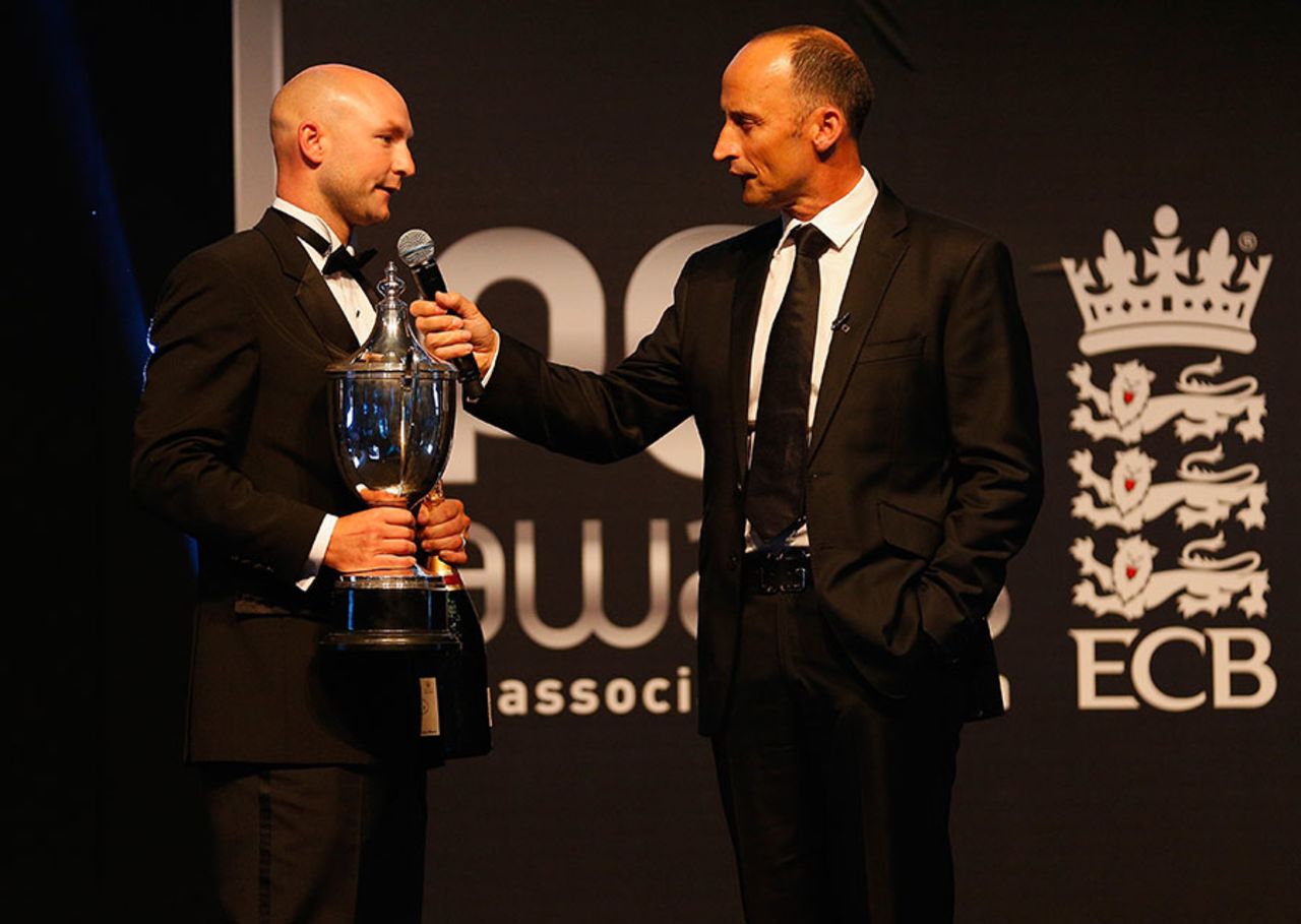 Yorkshire's Adam Lyth with the PCA player of the year trophy, London, October 1, 2014