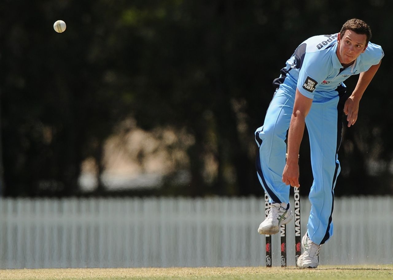 Josh Hazlewood bowls on his way to a seven-wicket haul, New South Wales v South Australia, Matador BBQs Cup, Brisbane, October 4, 2014