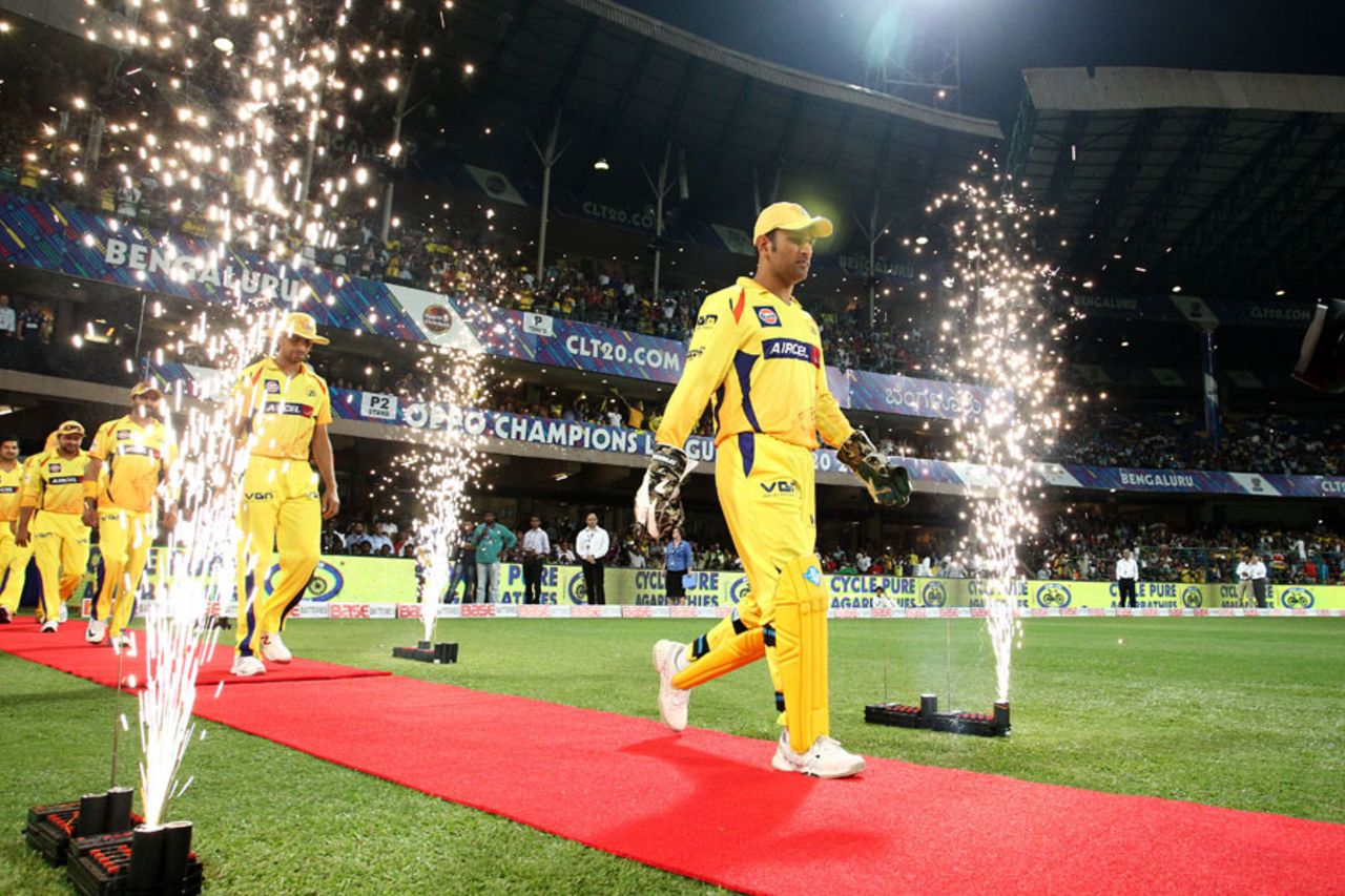 MS Dhoni leads the Super Kings players out to the field, Chennai Super Kings v Kolkata Knight Riders, Final, CLT20, Bangalore, October 4, 2014
