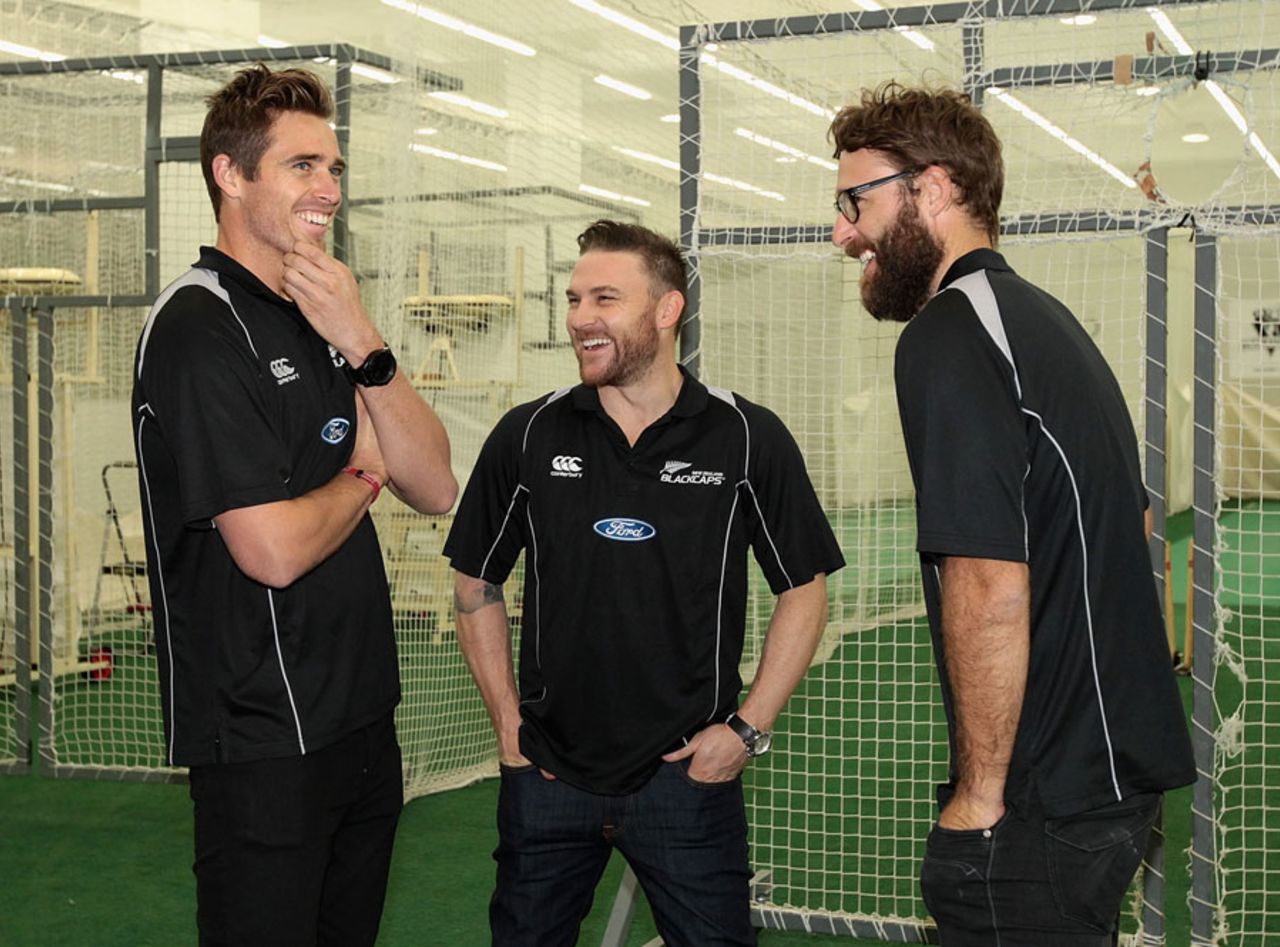 Tim Southee, Brendon McCullum and Daniel Vettori share a laugh during a team visit to the Melbourne Cricket Ground, October 7, 2014