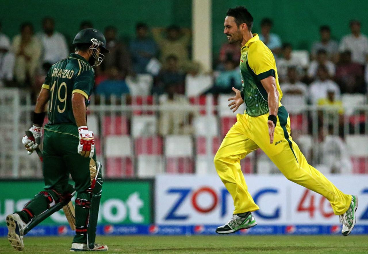 Mitchell Johnson dismissed Ahmed Shehzad for 4, Pakistan v Australia, 1st ODI, Sharjah, October 7, 2014