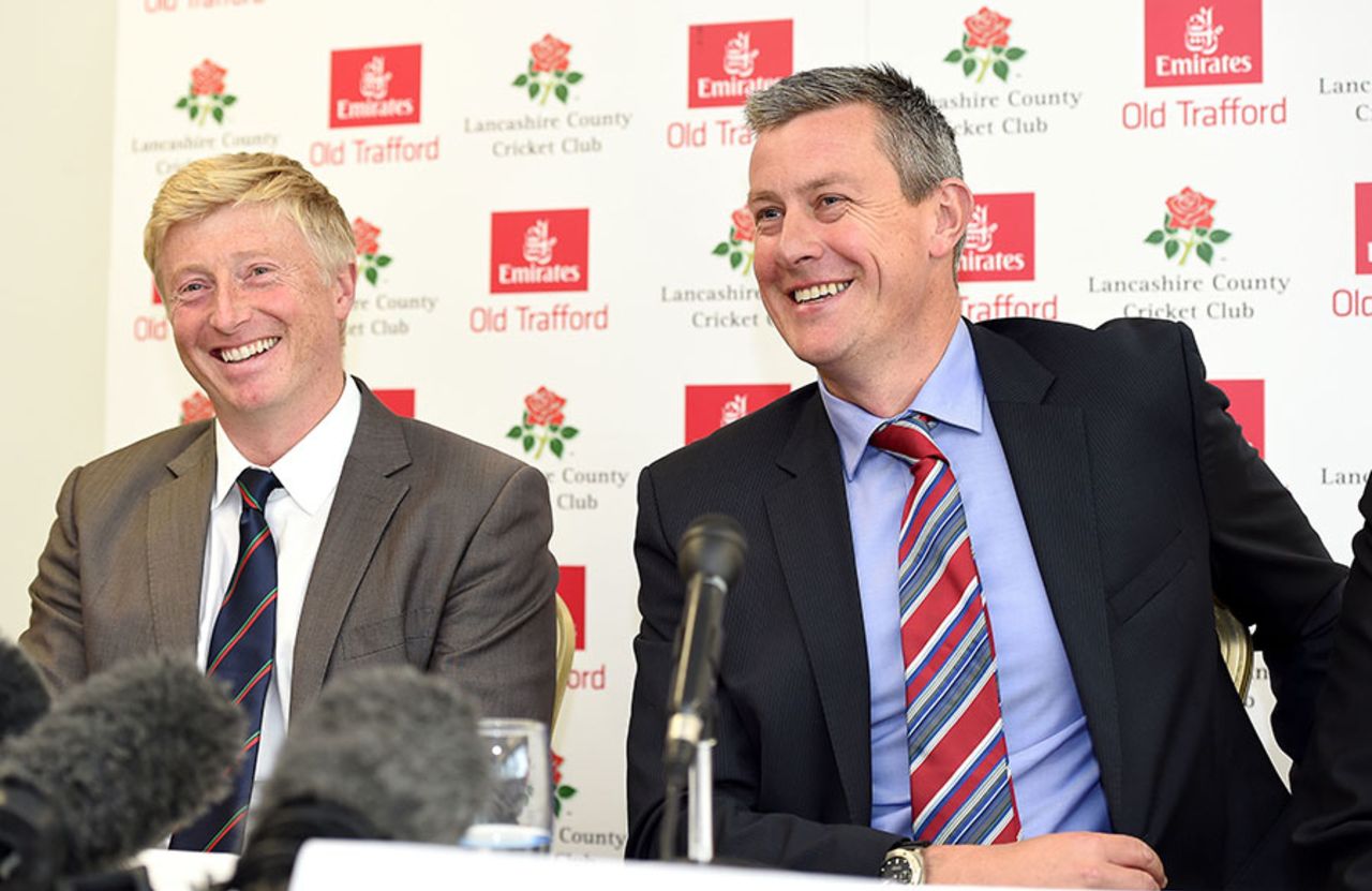 Glen Chapple with Ashley Giles as Lancashire's new coach faces the media, Old Trafford, October 8, 2014