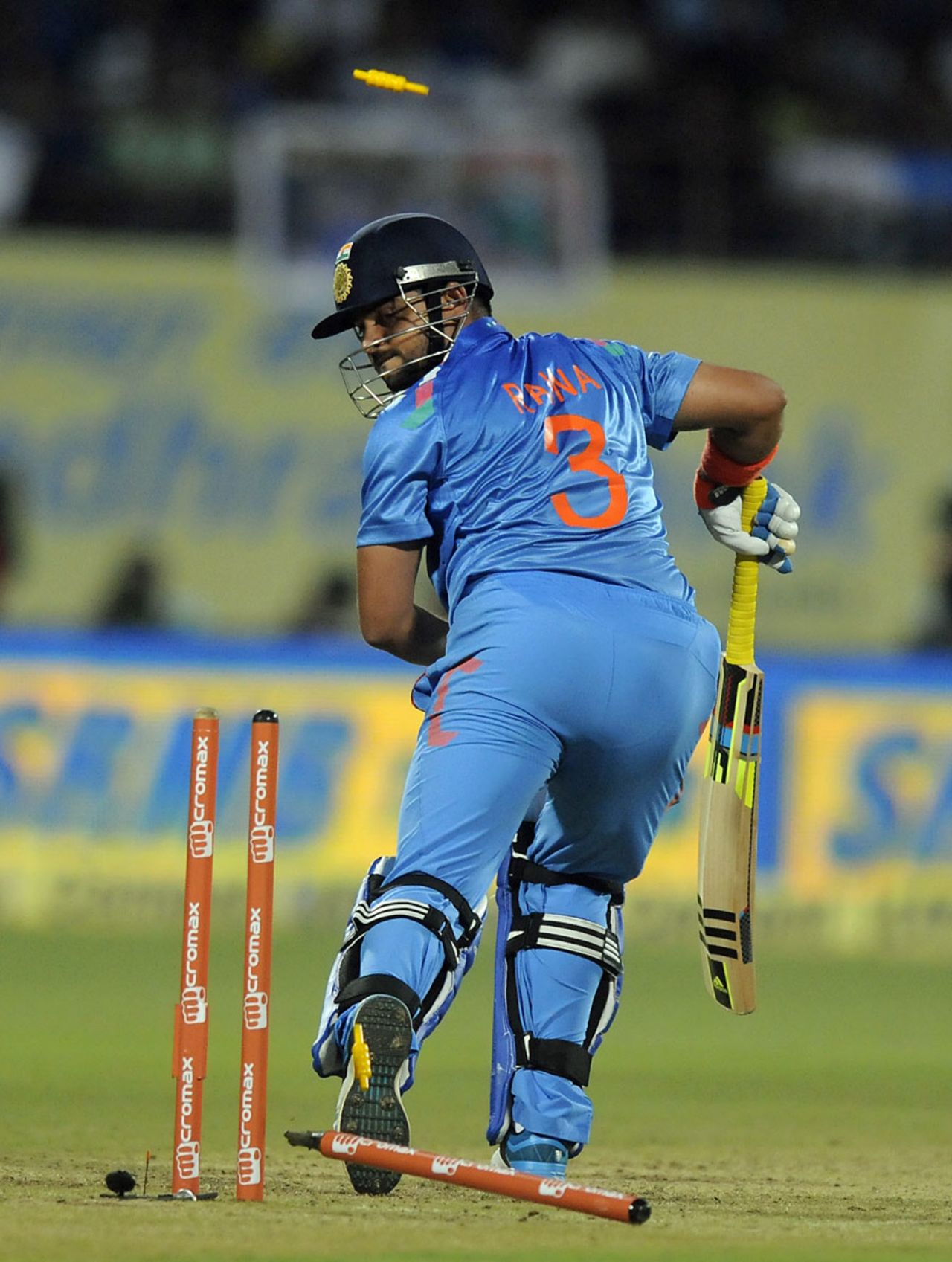 Suresh Raina was bowled by Dwayne Bravo for a duck, India v West Indies, 1st ODI, Kochi, October 8, 2014