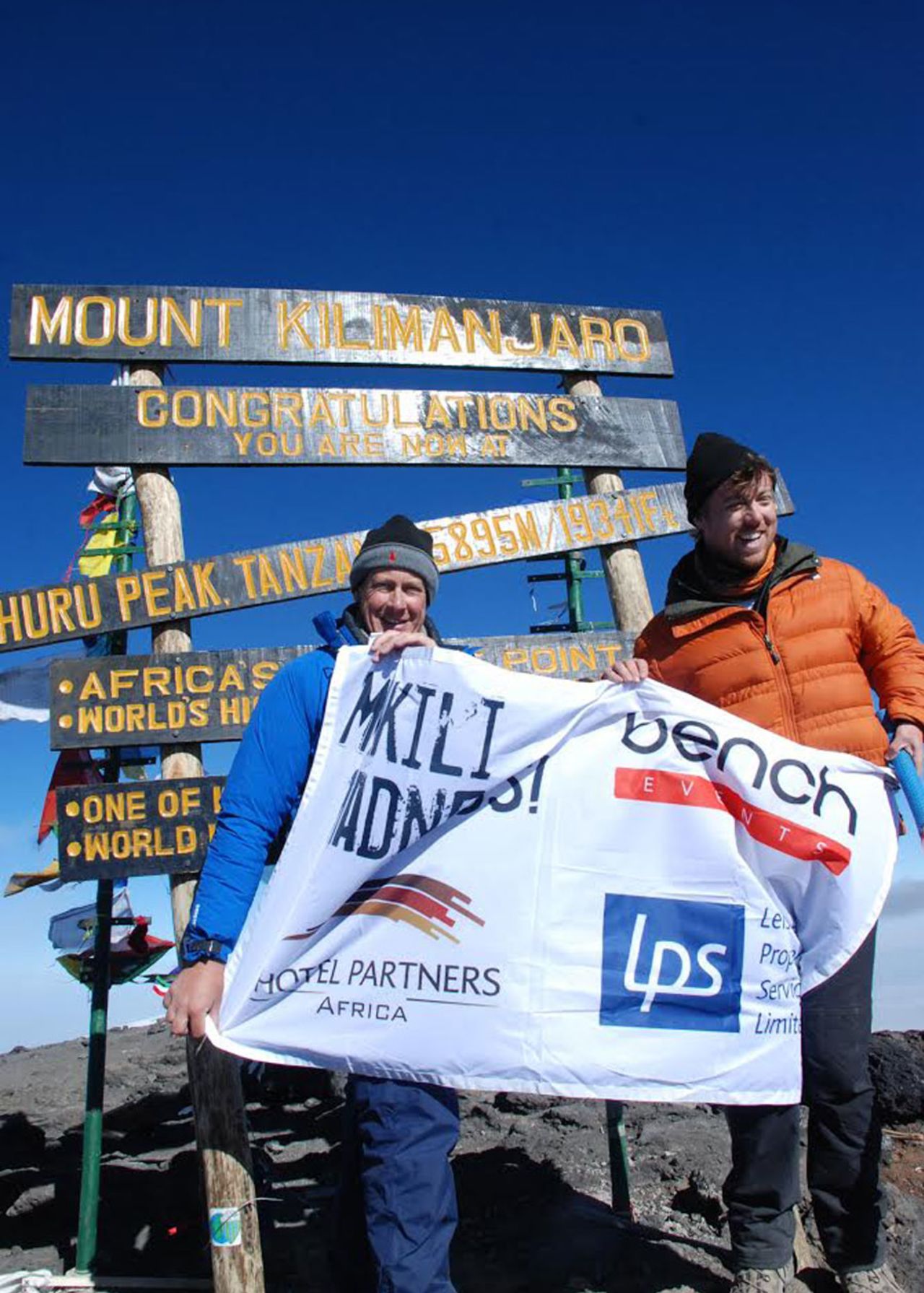 Ashley Giles and Phil Walker at the top of Mount Kilimanjaro, Tanzania, 26 September, 2014