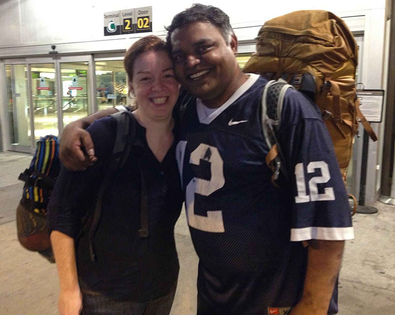 Subash Jayaraman with wife Kathleen at Newark airport, USA
