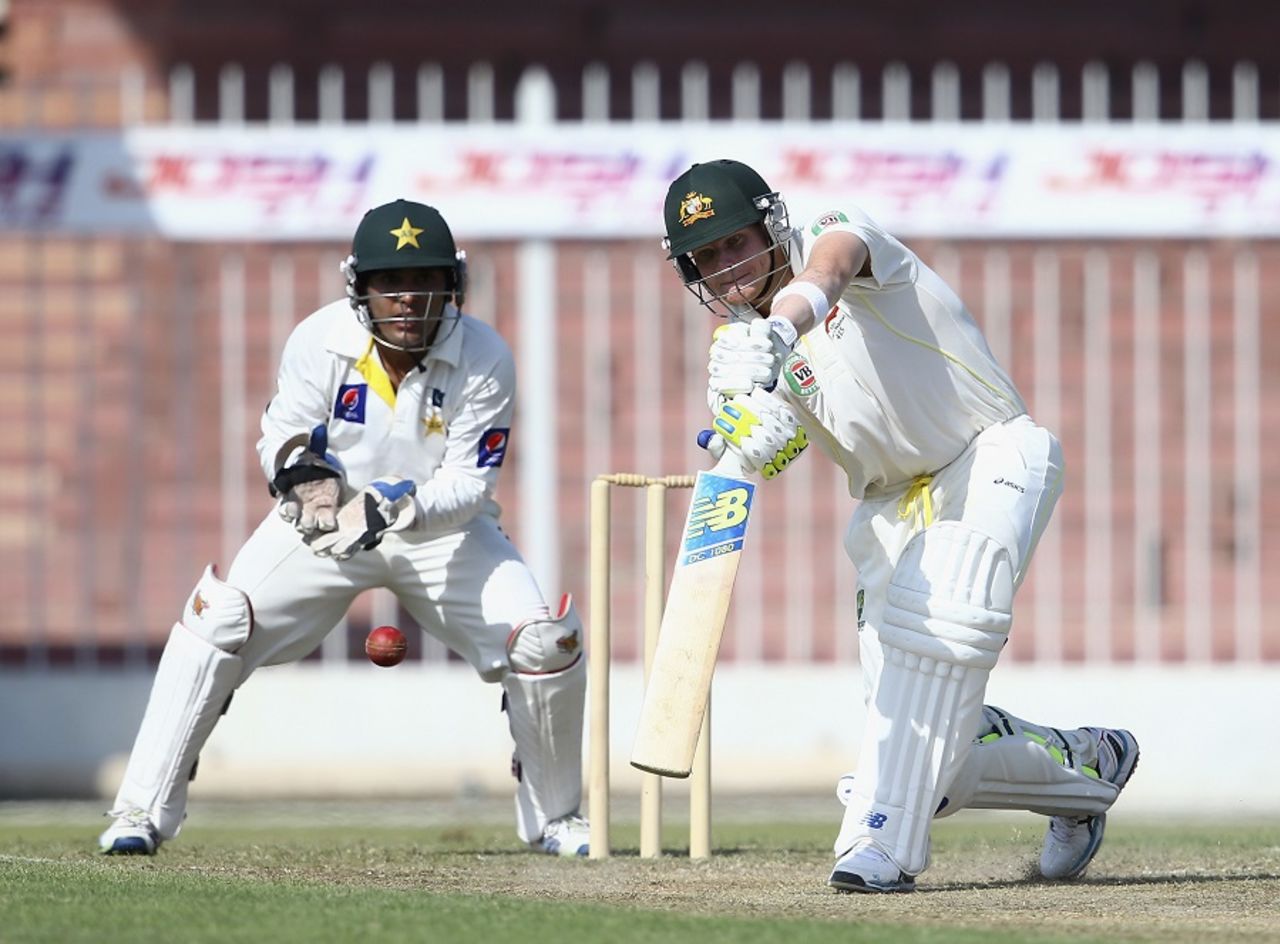 Steven Smith drives through the off side, Pakistan A v Australians, 2nd day, Sharjah, October 16, 2014