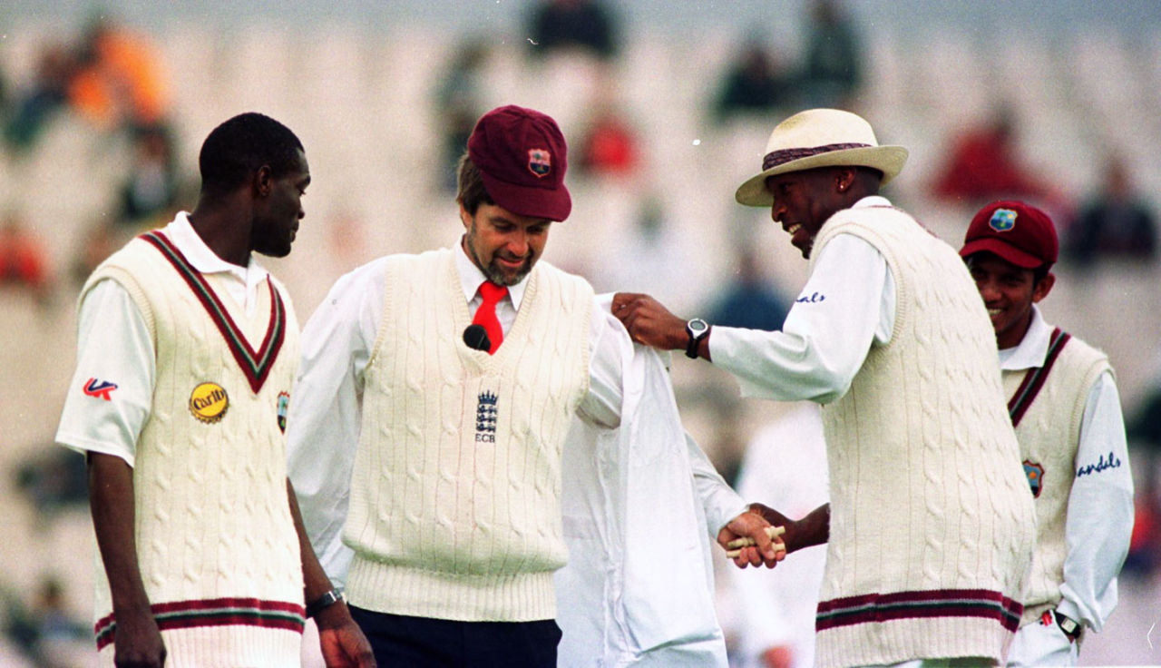 Reon King and Franklyn Rose joke with umpire Peter Willey, England v West Indies, 3rd Test, Old Trafford, 5th day, August 7, 2000