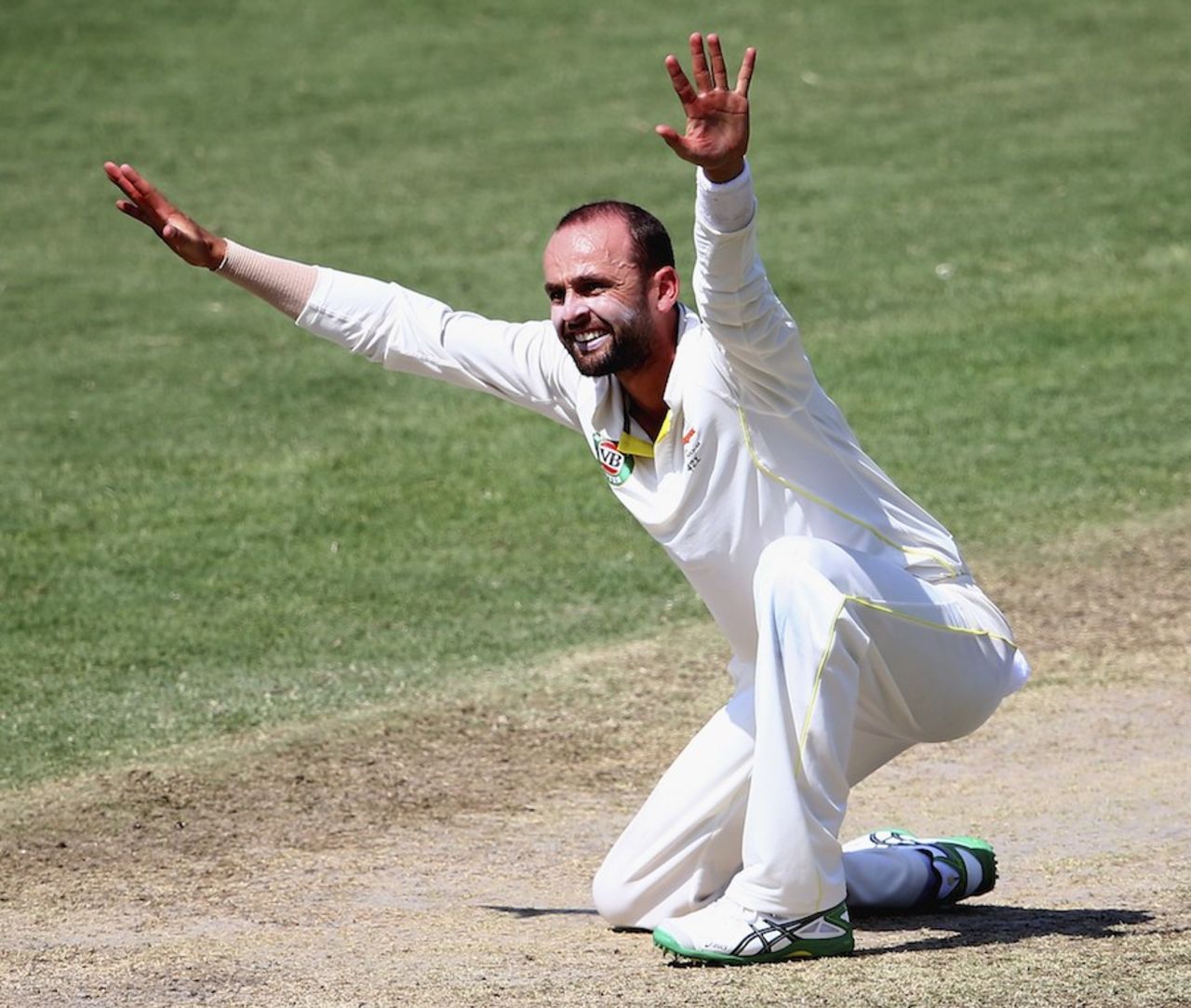 Nathan Lyon appeals for a wicket, Pakistan A v Australians, 3rd day, Sharjah, October 17, 2014