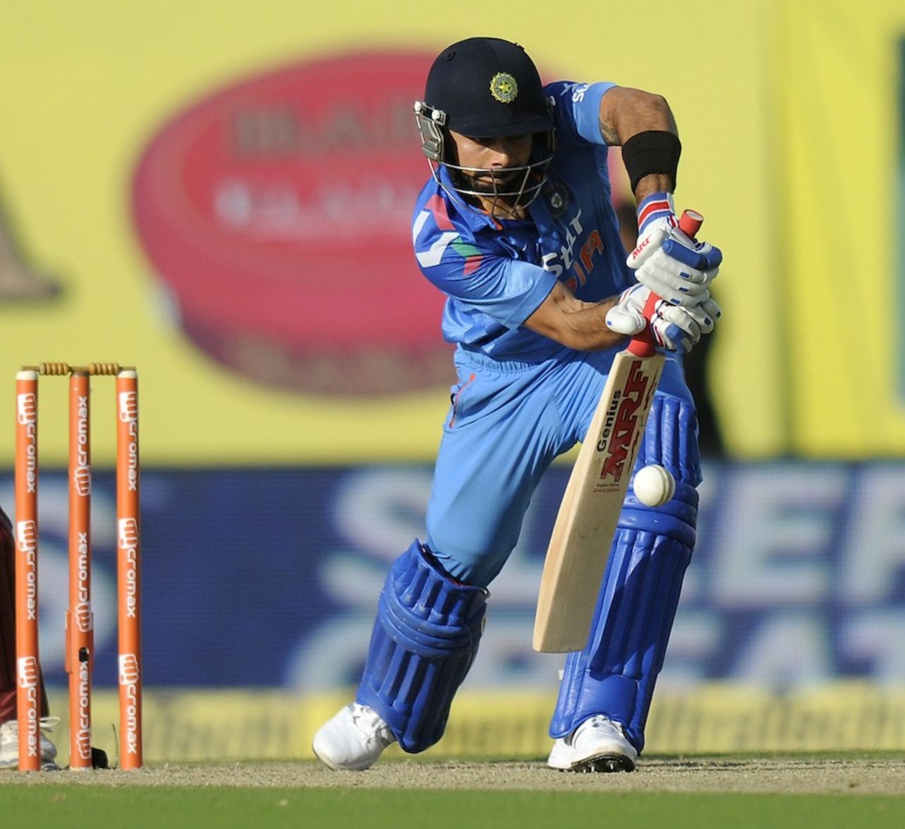 Virat Kohli defends on the front foot, India v West Indies, 4th ODI, Dharamsala, October 17, 2014