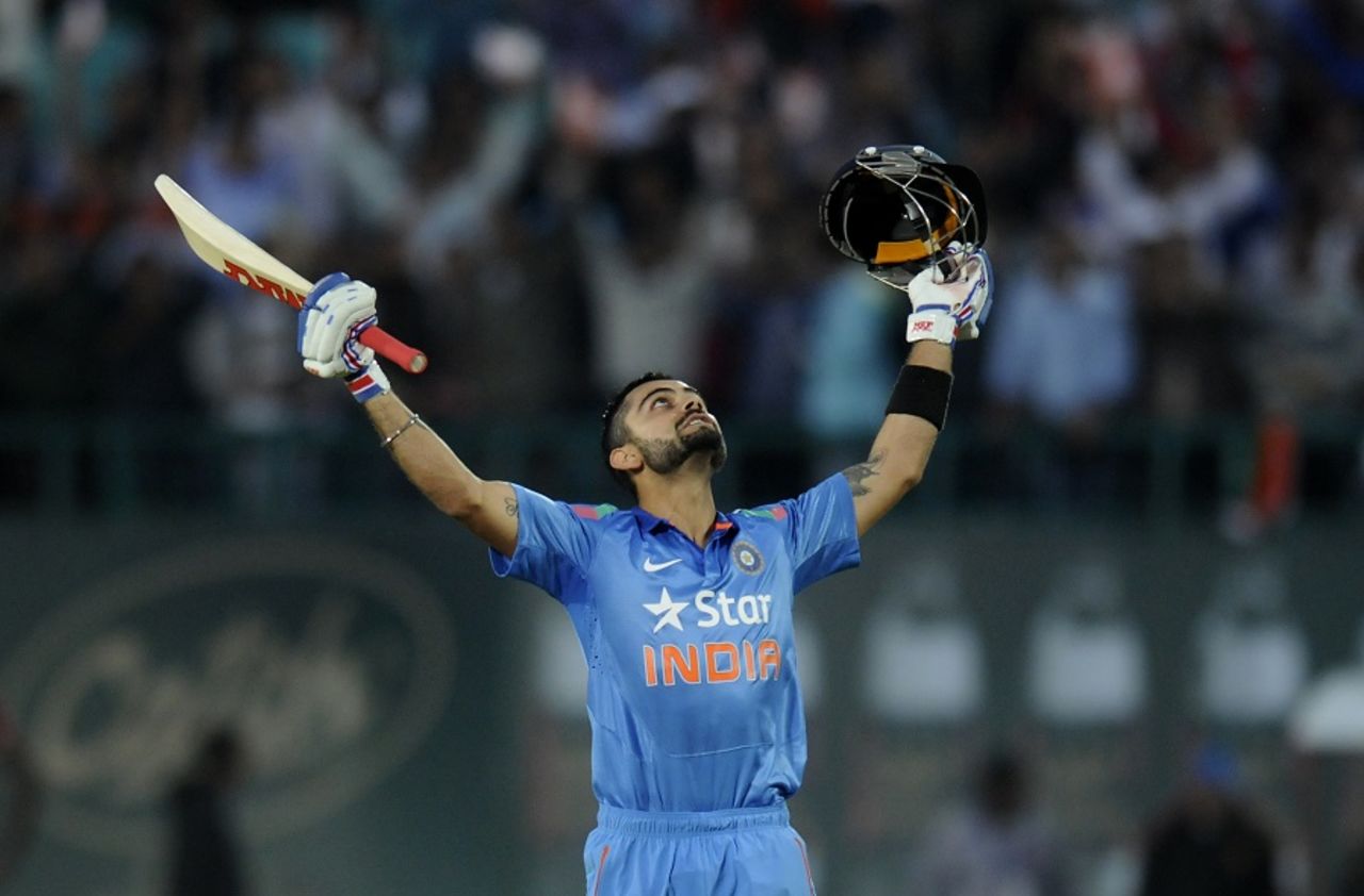 Virat Kohli was a relieved man after his 20th century, India v West Indies, 4th ODI, Dharamsala, October 17, 2014