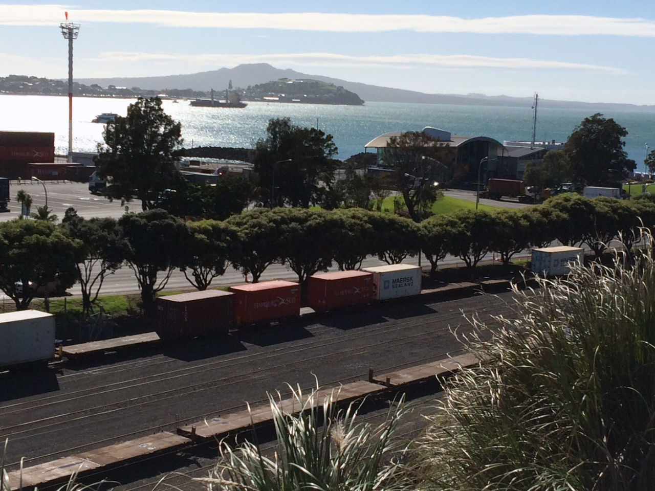A cargo train leaves the Auckland docks, August 20, 2014