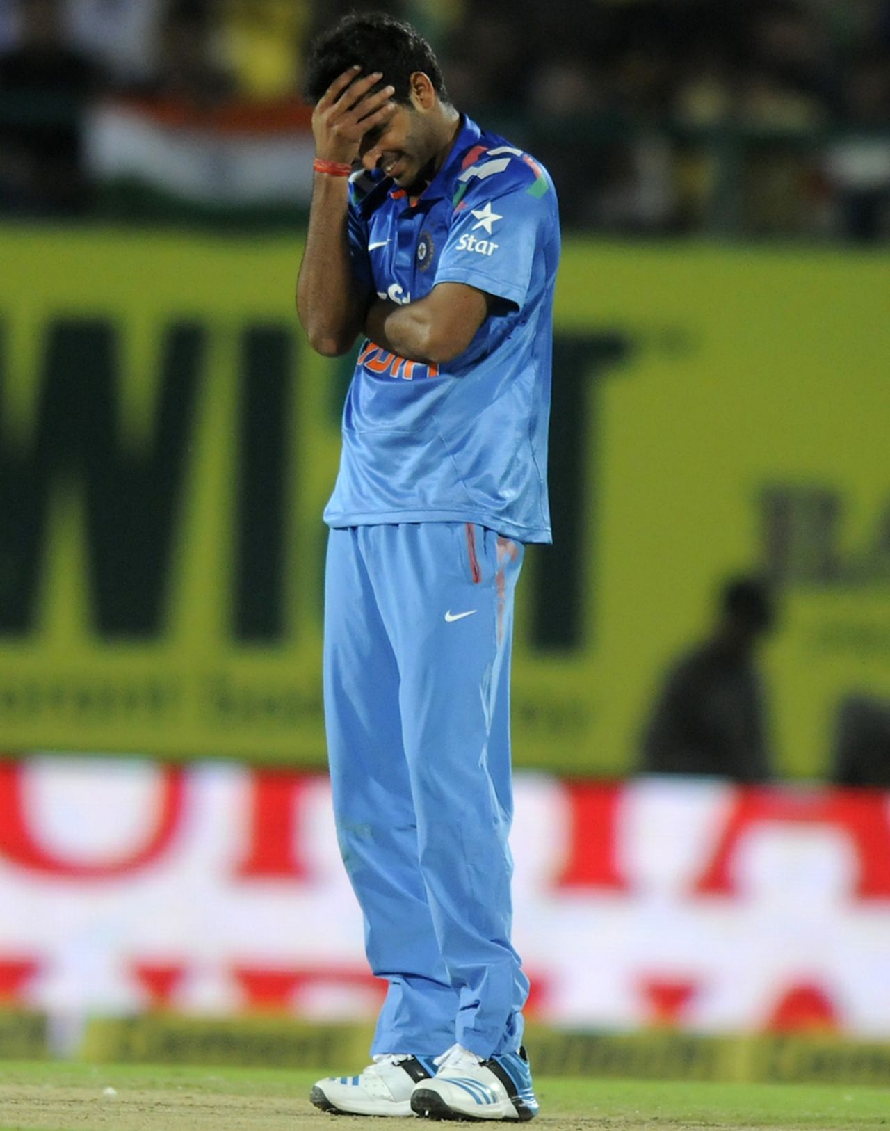 How did that miss? Bhuvneshwar Kumar reacts after beating Kieron Pollard, India v West Indies, 4th ODI, Dharamsala, October 17, 2014