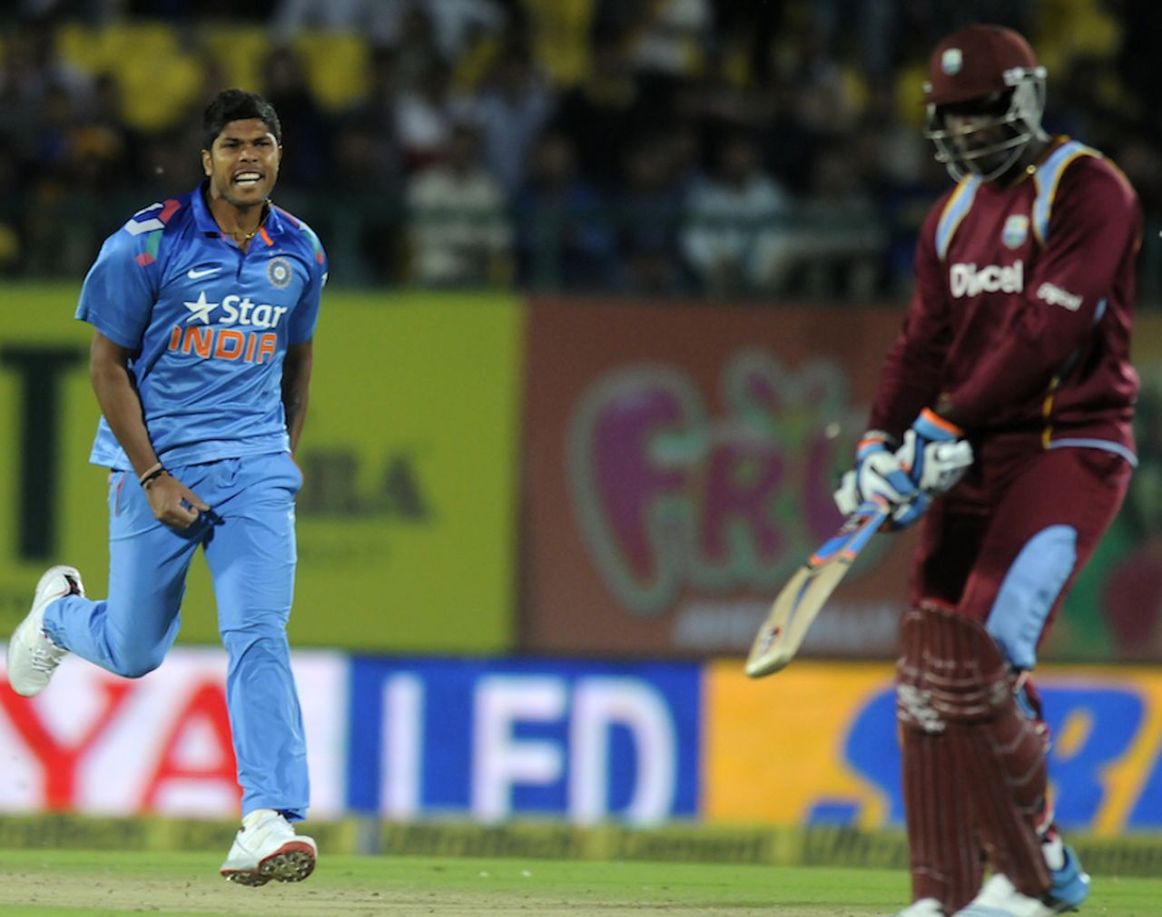 Umesh Yadav is pumped after dismissing Andre Russell, India v West Indies, 4th ODI, Dharamsala, October 17, 2014