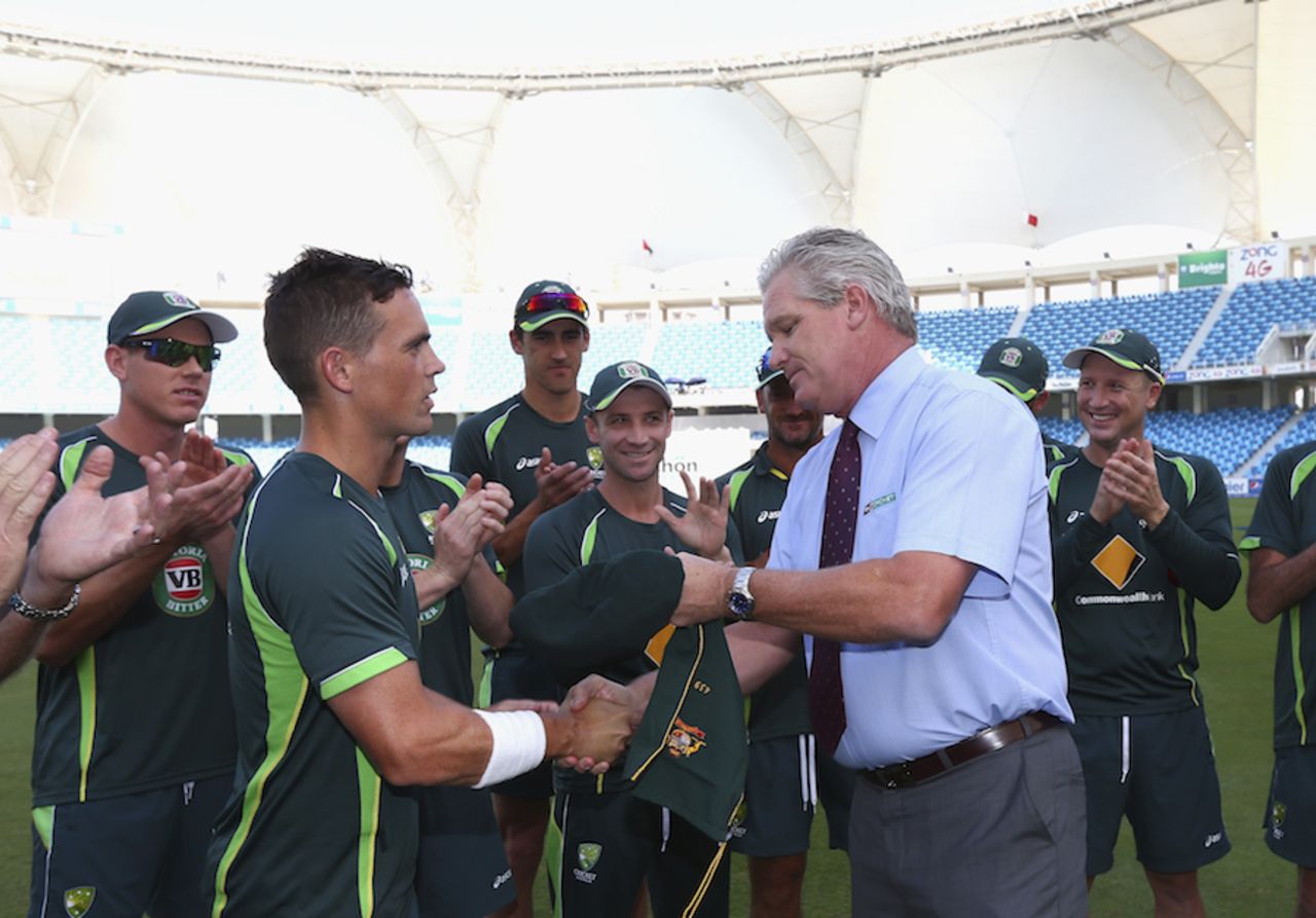 Debutant Steve O'Keefe got his cap from Dean Jones, Pakistan v Australia, 1st Test, Dubai, 1st day, October 22, 2014