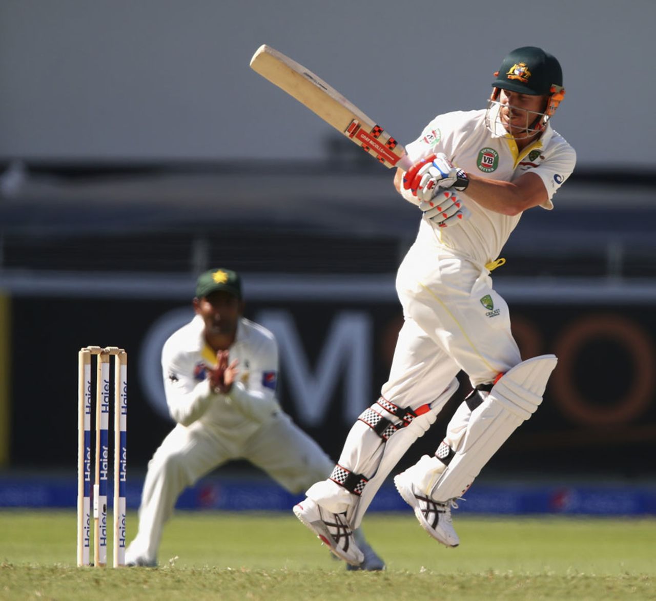 David Warner glances off his toes, Pakistan v Australia, 1st Test, Dubai, 3rd day, October 24, 2014