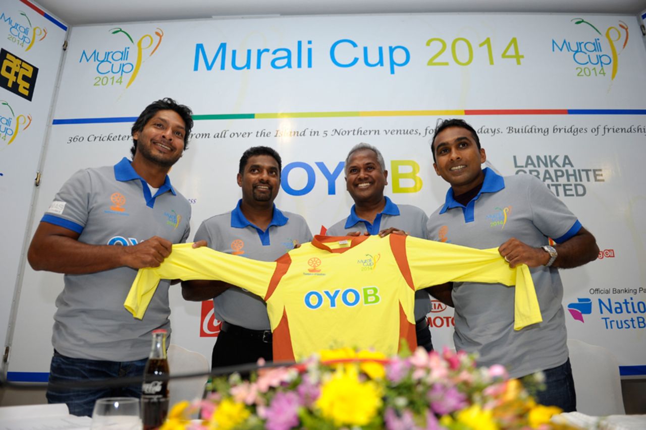 Kumar Sangakkara, Muttiah Muralitharan and Mahela Jayawardene at the launch of the Murali Harmony Cup 2014, October 24, 2014