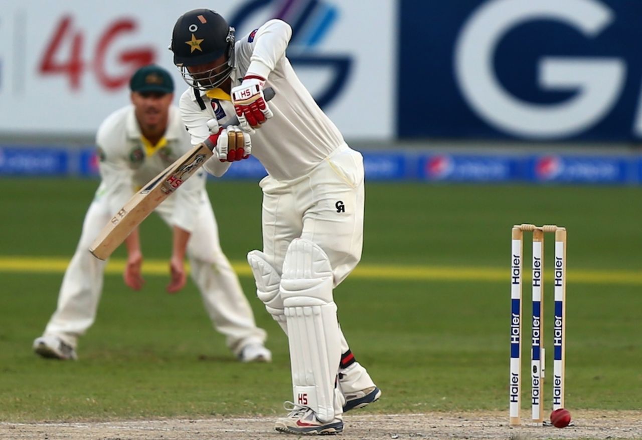 Ahmed Shehzad nudges the ball on the leg side, Pakistan v Australia, 1st Test, Dubai, 3rd day, October 24, 2014