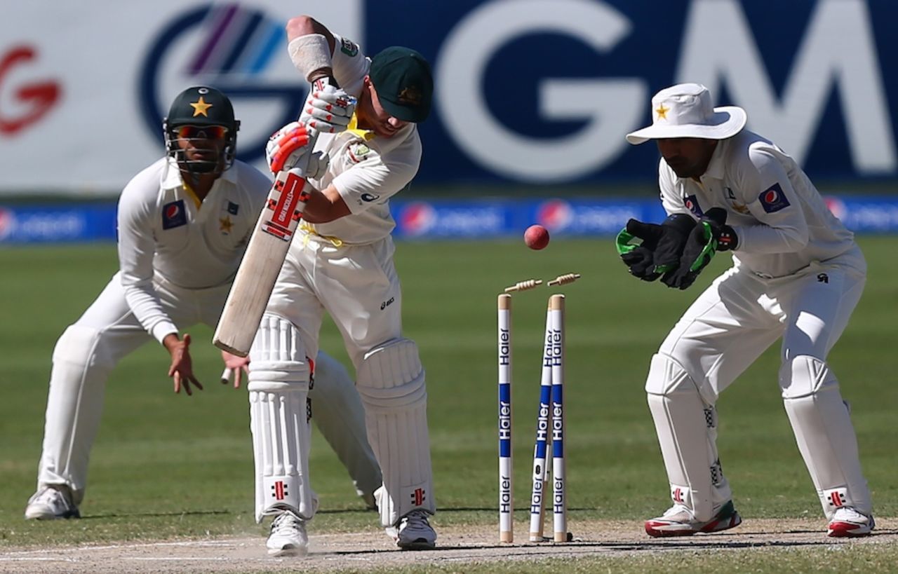 David Warner was bowled for 133, Pakistan v Australia, 1st Test, Dubai, 3rd day, October 24, 2014
