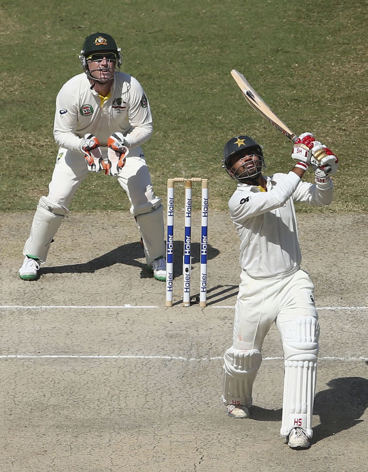 Ahmed Shehzad muscles a six, Pakistan v Australia, 1st Test, Dubai, 4th day, October 25, 2014