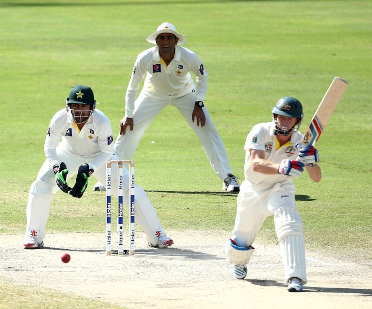 Chris Rogers steps out of his crease to play the ball, Pakistan v Australia, 1st Test, Dubai, 5th day, October 26, 2014