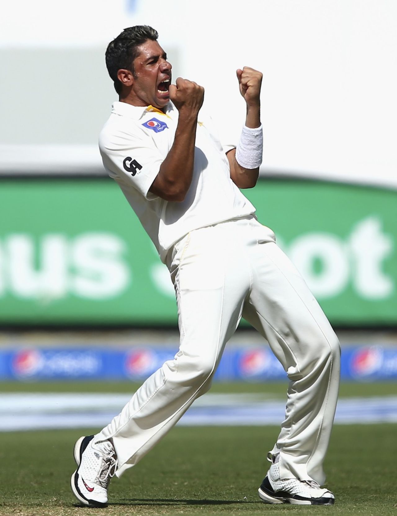Imran Khan celebrates the first wicket on day five, Pakistan v Australia, 1st Test, Dubai, 5th day, October 26, 2014