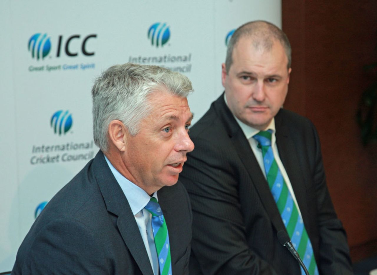 ICC chief executive David Richardson and general manager, cricket, Geoff Allardice at a press conference, Dubai, October 27, 2014