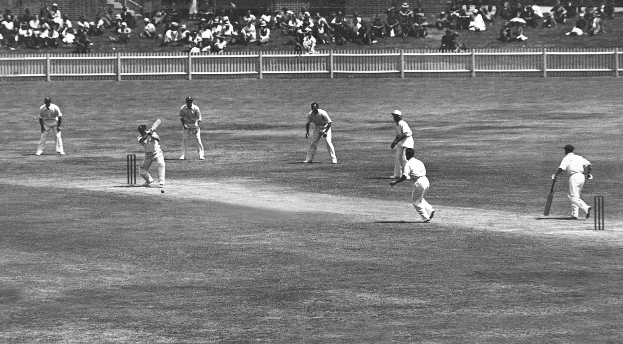 Stan McCabe plays a cover drive off Harold Larwood, Australia v England, fourth Test, Brisbane, 1933