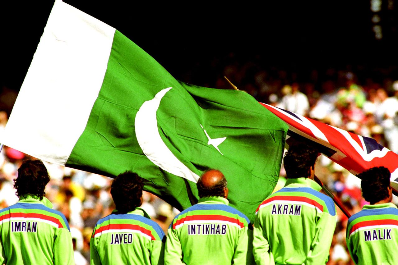 The Pakistan team lines up for the national anthem, England v Pakistan, World Cup final, Melbourne, March 25, 1992