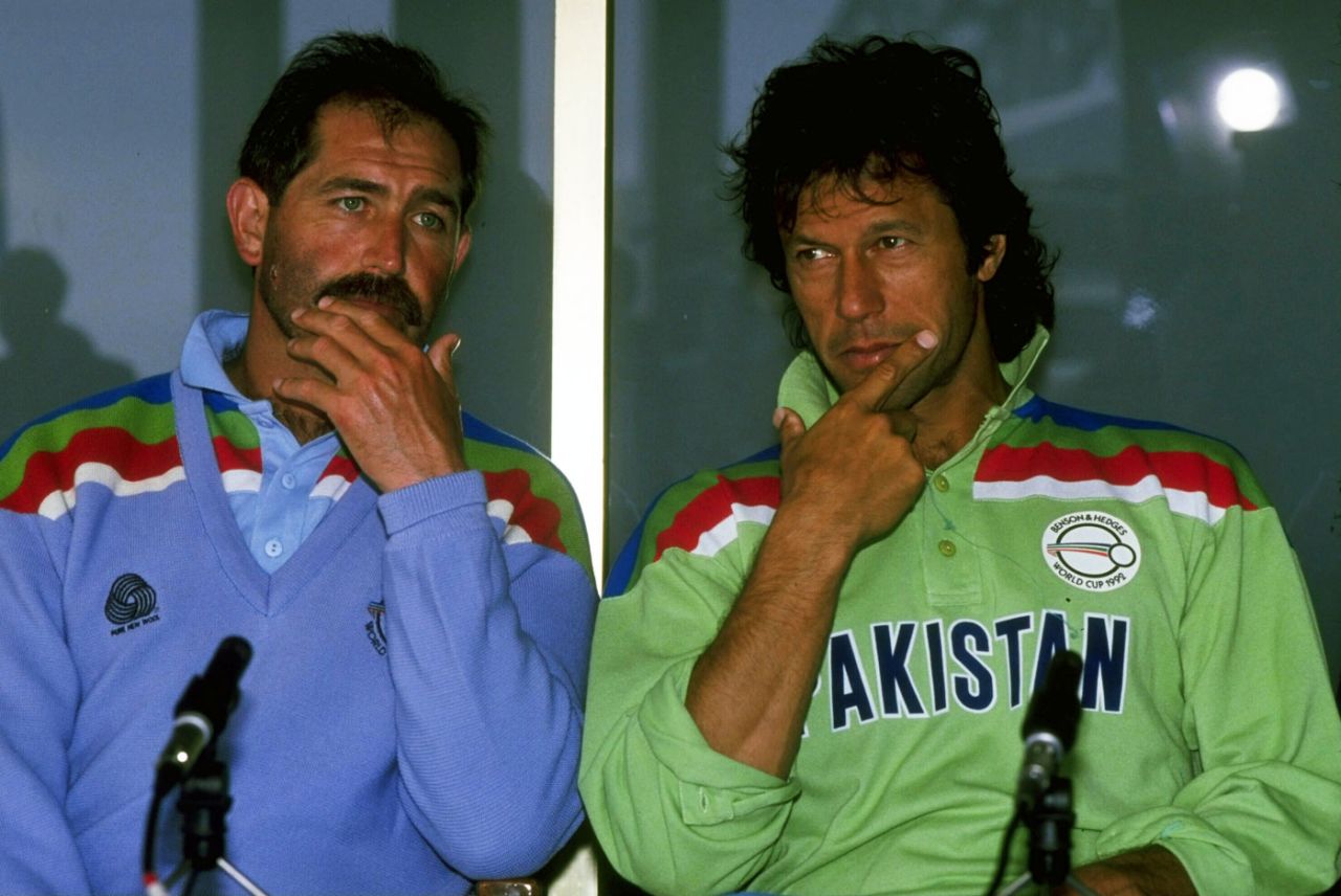 Graham Gooch and Imran Khan speak to reporters ahead of the final, England v Pakistan, World Cup final, Melbourne, March 25, 1992