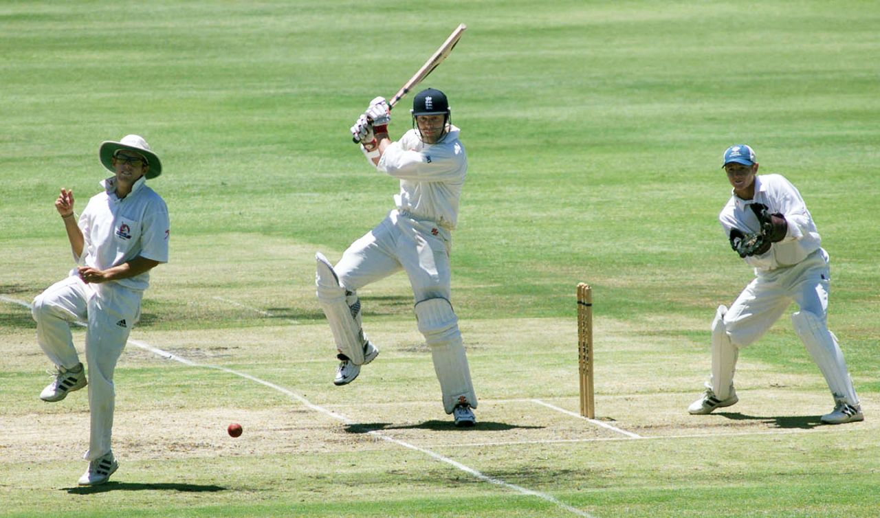 Nick Knight on his way to a century watched by wicketkeeper Wendell Bossenger, South Africa Invitational XI v England XI, 2nd day, Port Elizabeth, January 10, 2000