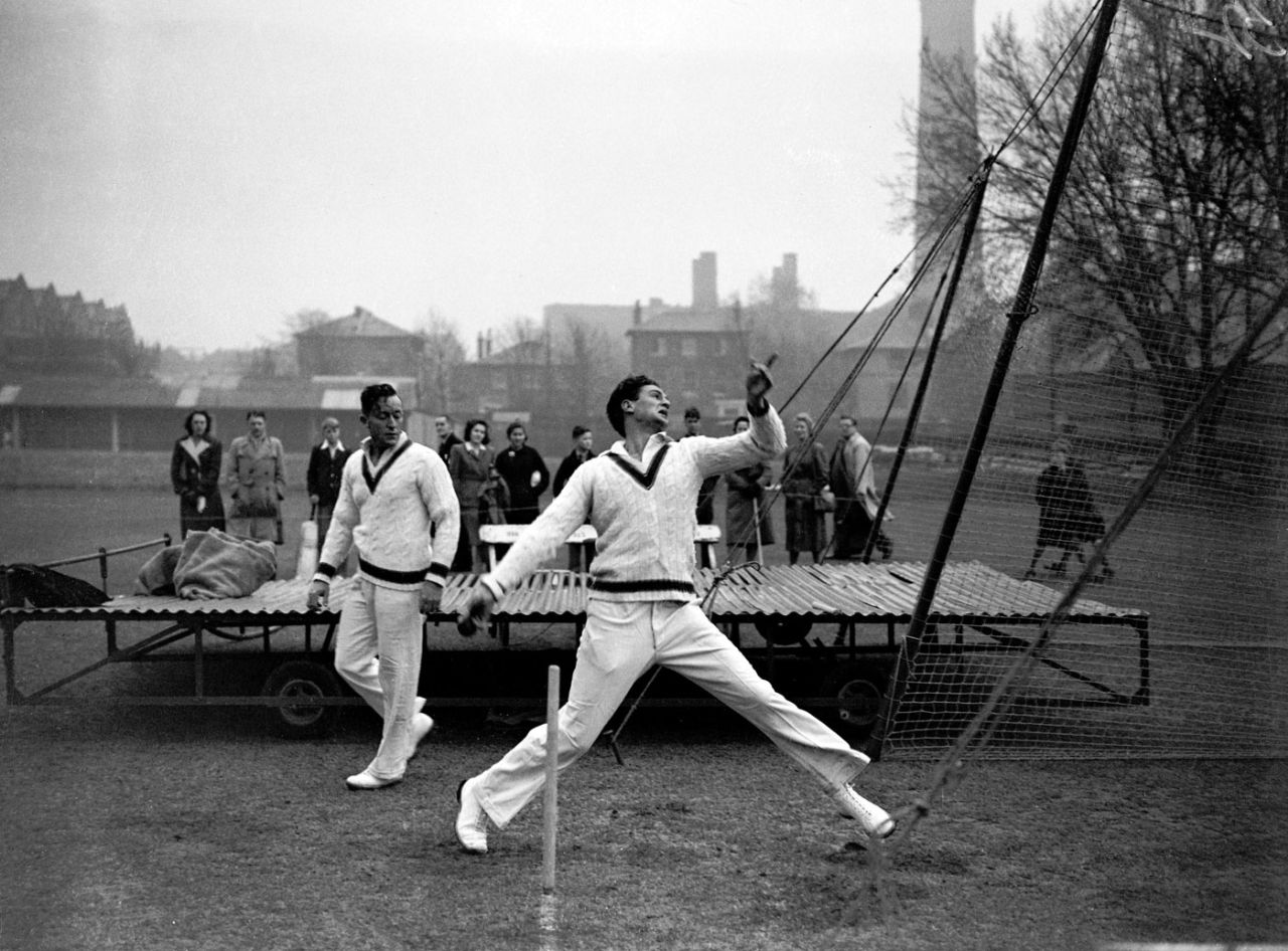 Keith Miller bowls in the nets, Lord's, April 17, 1948