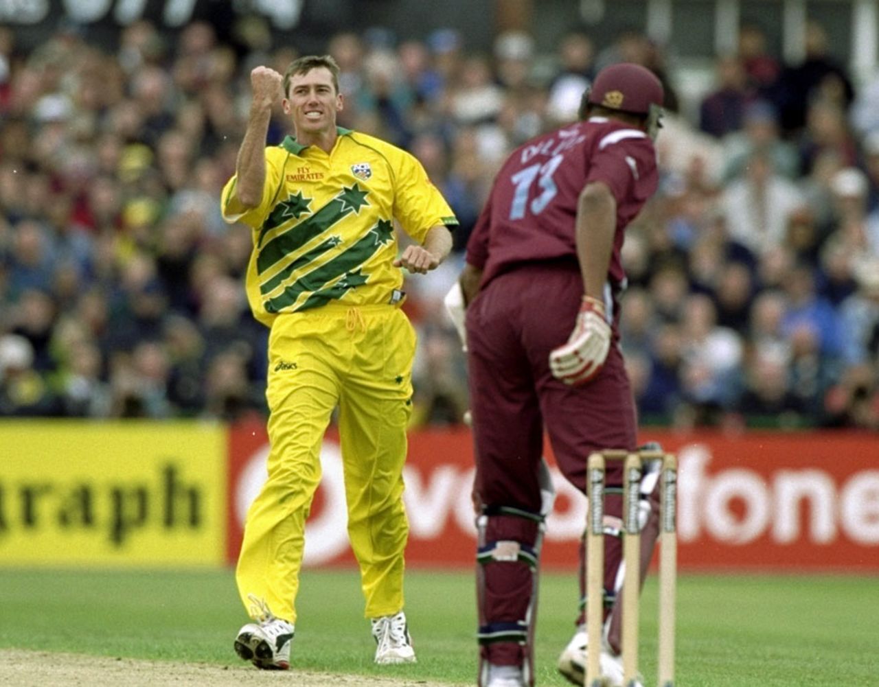 Glenn McGrath is ecstatic after claiming a wicket, Australia v West Indies, 28th match, World Cup, Old Trafford, May 30, 1999
