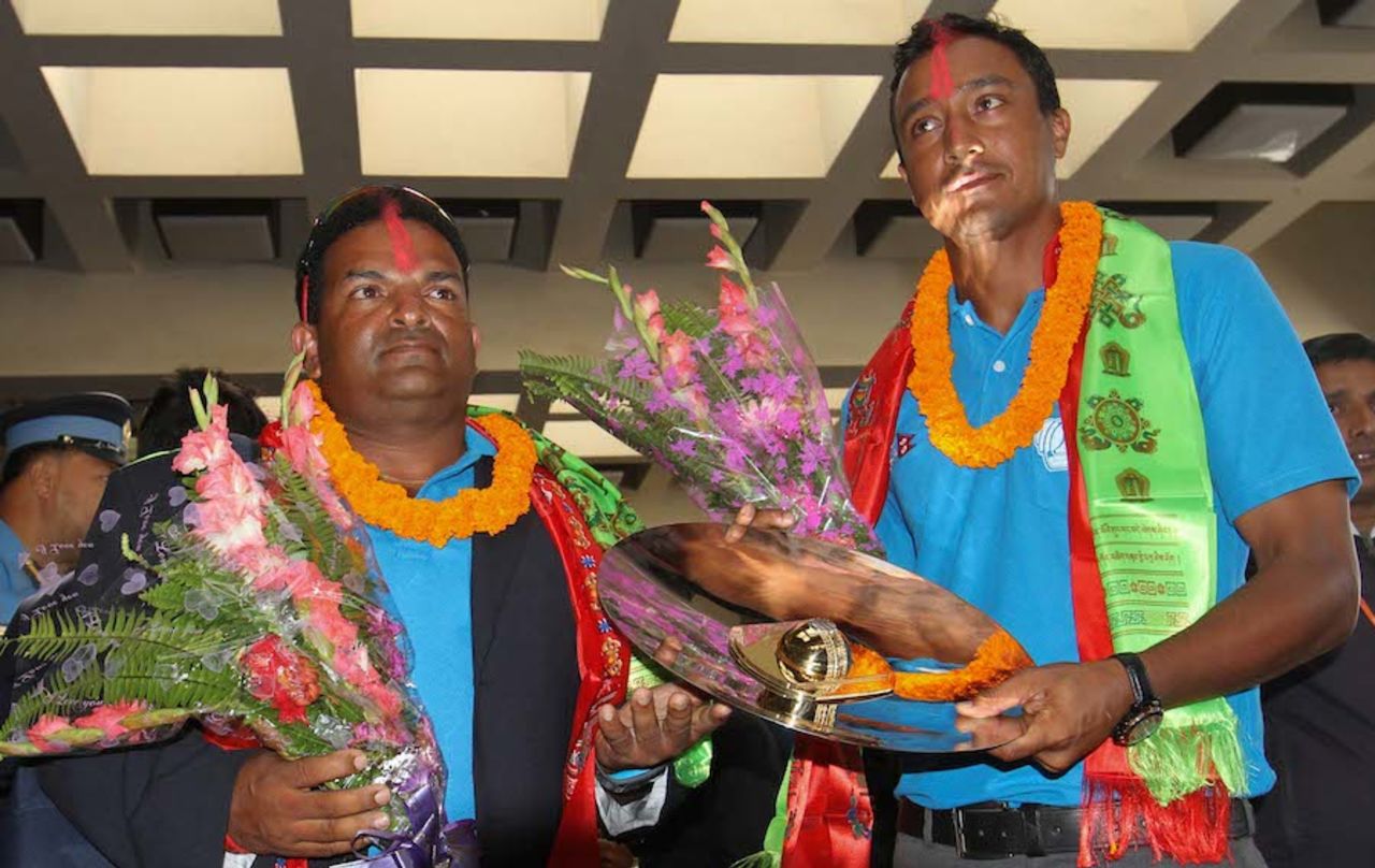 Pubudu Dassanayake and Paras Khadka arrive from Malaysia, Kathmandu, October 31, 2014