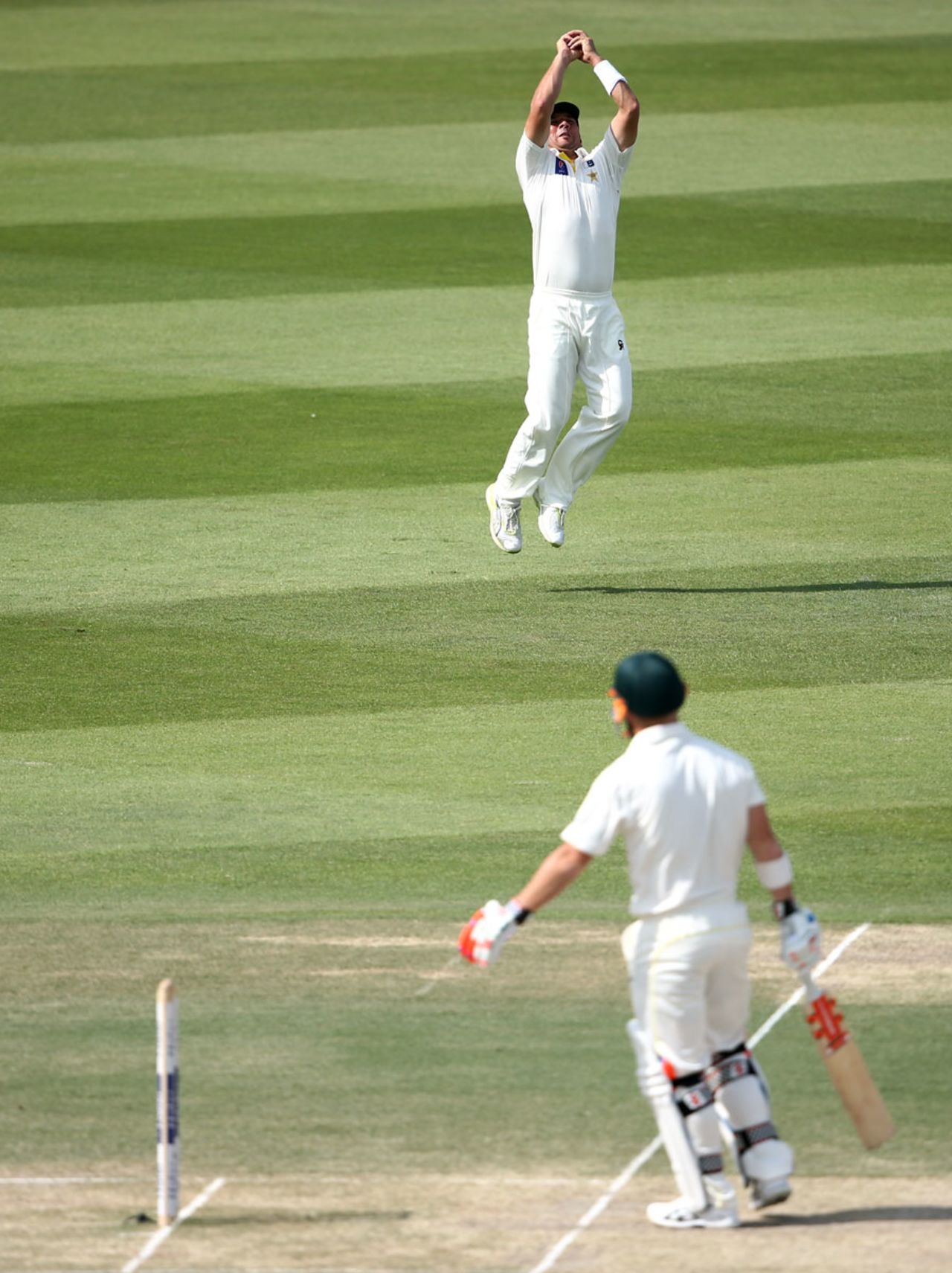 Yasir Shah leaps to take David Warner's catch, Pakistan v Australia, 2nd Test, Abu Dhabi, 3rd day, November 1, 2014