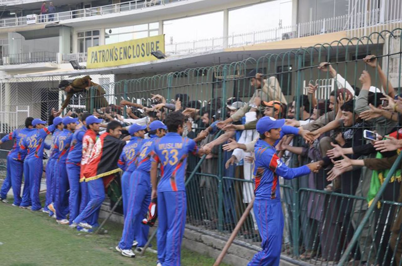 The Afghanistan Under-19 players celebrate after winning the series, Afghanistan U-19 v Pakistan U-19, Lahore, October 31, 2014
