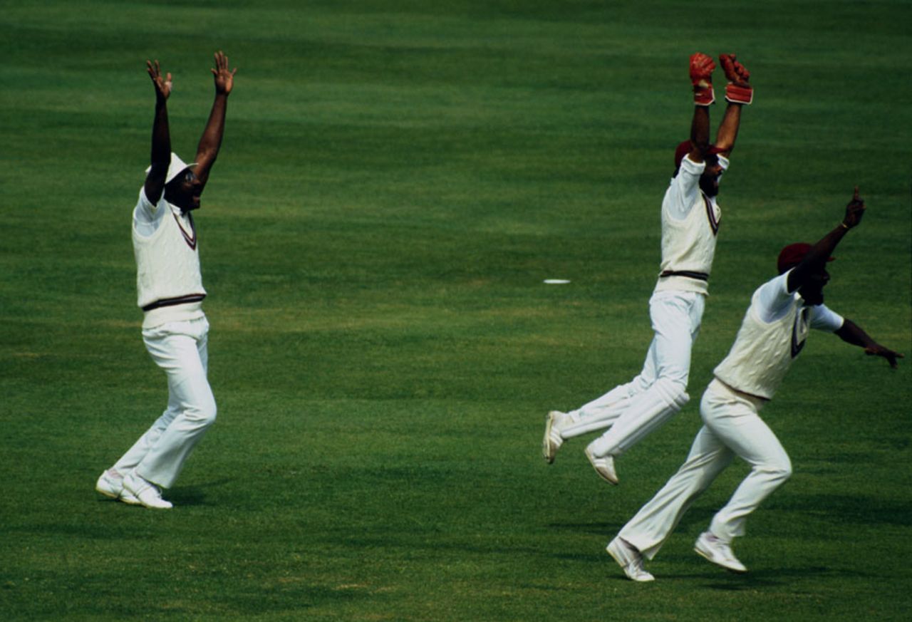 Clive Lloyd, Jeff Dujon and Viv Richards go up in appeal, West Indies v India, World Cup final, Lord's, 25 June, 1983