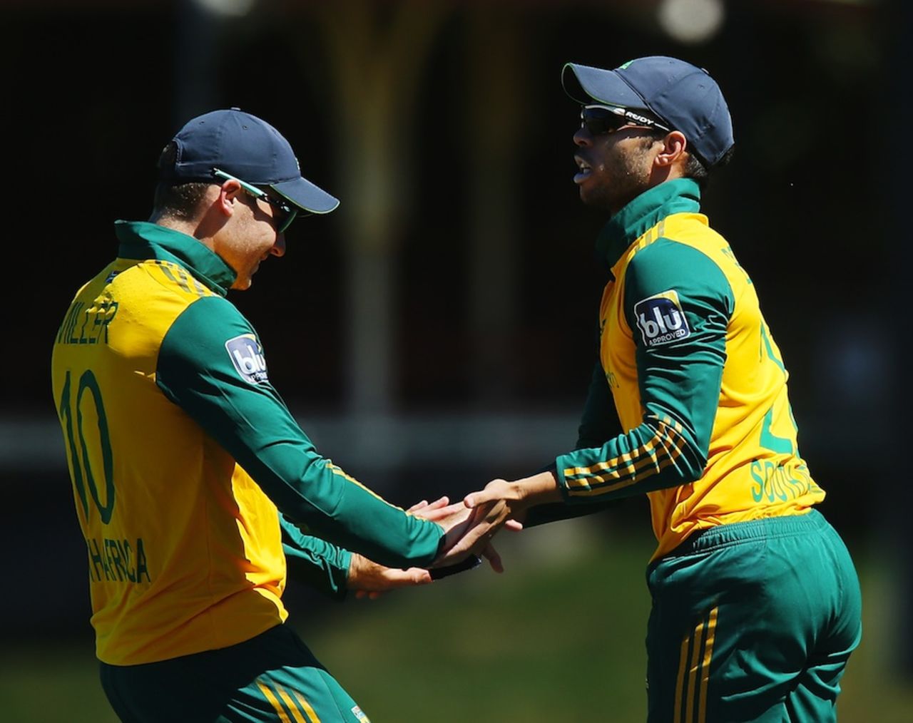 David Miller and Farhaan Behardien celebrate a wicket, CA XI v South Africans, North Sydney Oval, November 2, 2014