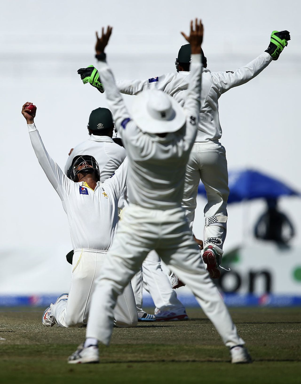 Victory celebrations begin after Azhar Ali catches Nathan Lyon at silly point, Pakistan v Australia, 2nd Test, Abu Dhabi, 5th day, November 3, 2014