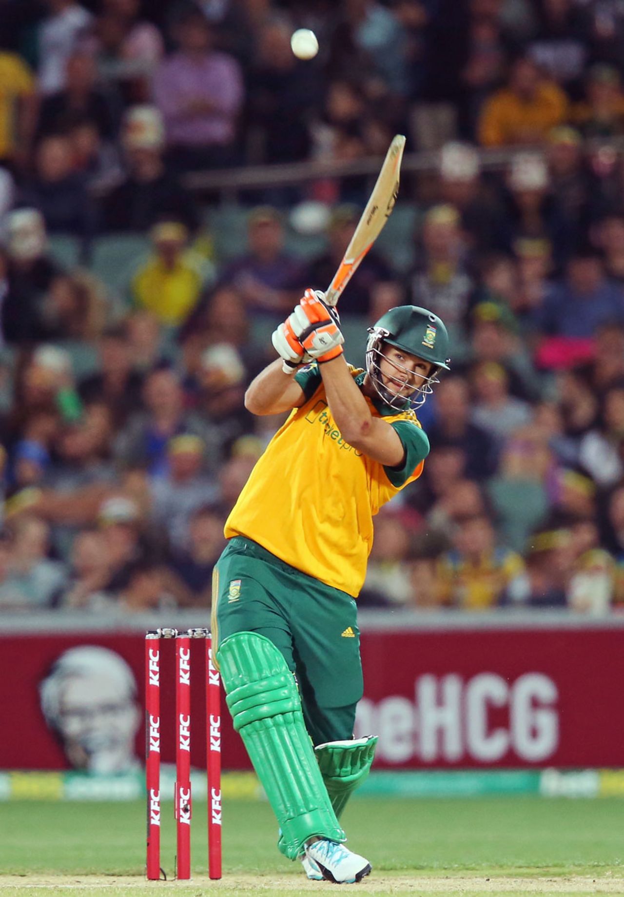 Rilee Rossouw lofts the ball down the ground, Australia v South Africa, 1st Twenty20, Adelaide, November 5, 2014
