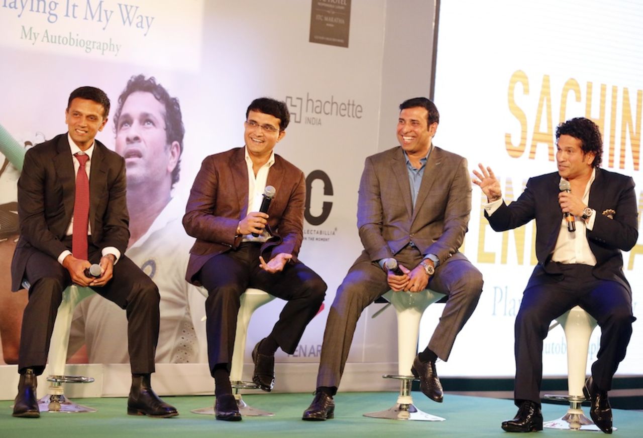 Rahul Dravid, Sourav Ganguly and VVS Laxman at the launch of Sachin Tendulkar's autobiography, Mumbai, November 5, 2014