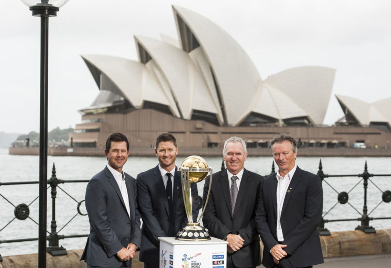 Ricky Ponting, Michael Clarke, Allan Border and Steve Waugh with the World Cup trophy, Sydney, November 6, 2014