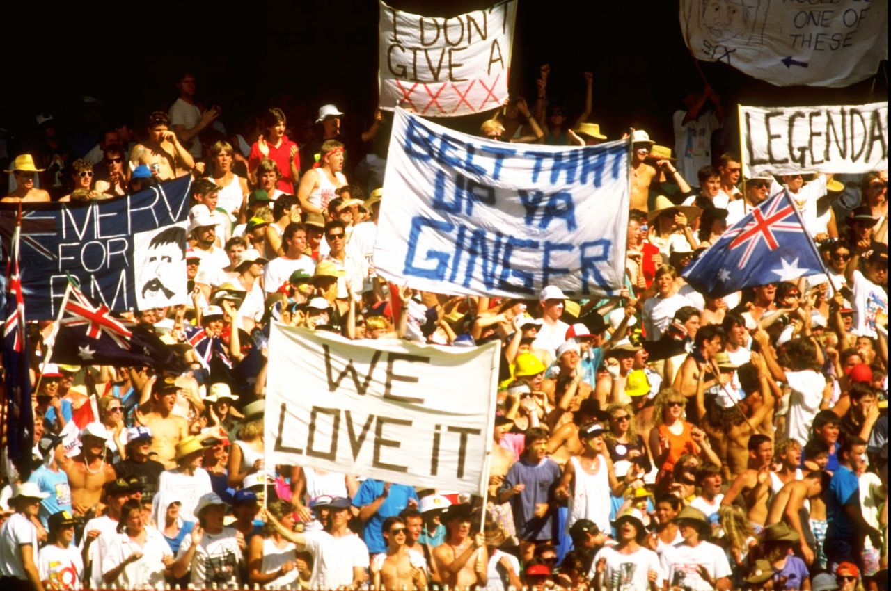 Fans hold up banners , Australia v West Indies, 1st final, Benson & Hedges World Series, Melbourne, January 14, 1989